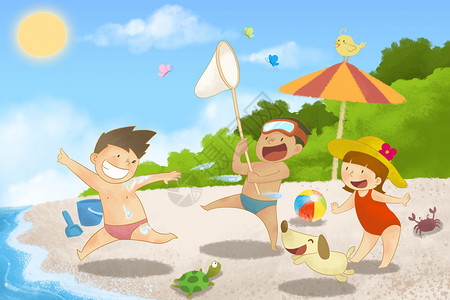 沙滩上排球海边沙滩嬉戏的儿童插画插画