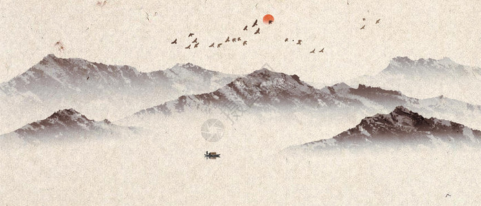 文艺复古素材中国风山水画插画