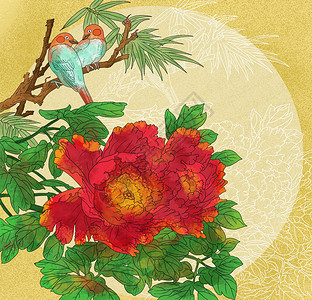 大鹦鹉中国风古风工笔花卉花鸟红色大牡丹花插画