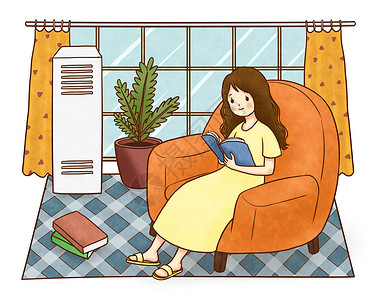 夏日窗帘夏日居家看书的女孩插画