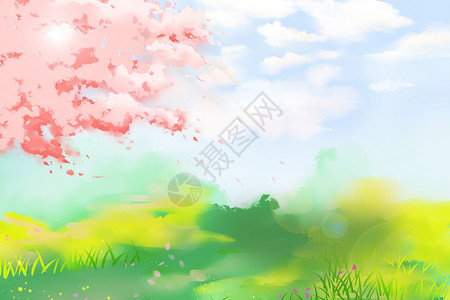 桃花春色手绘风景设计图片