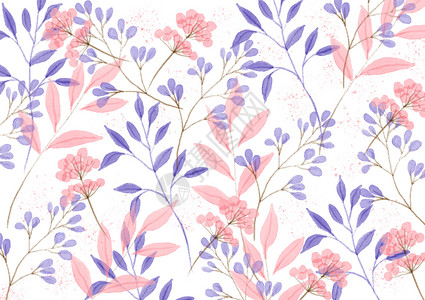 粉紫色壁纸水彩风蓝粉植物平铺壁纸插画
