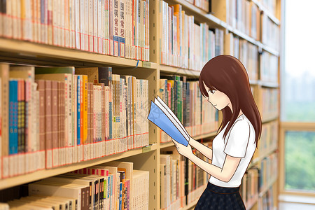 黑学生素材图书馆看书的女生插画