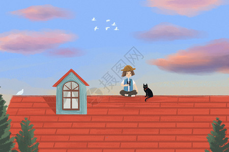 猫咪向上看屋顶看风景插画插画