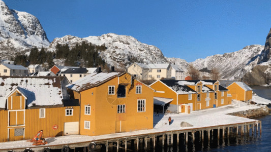 欧洲小镇全景图北欧挪威罗弗敦群岛渔村GIF高清图片