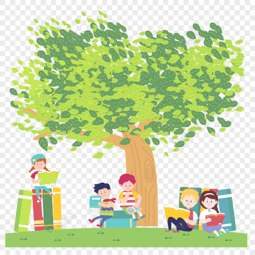 大家在树下一起学习一起阅读矢量场景元素图片