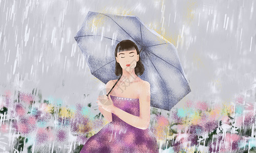 雨下花海中打伞的女孩背景图片