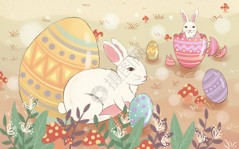 耶稣像复活节彩蛋兔子插画