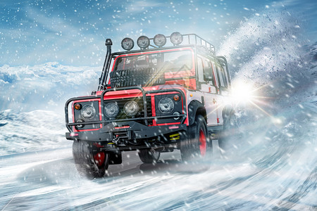 冬天卡车越野汽车在雪地狂飙设计图片