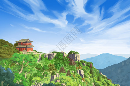 泰山风景春天插画