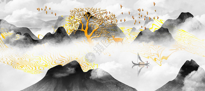 火山背景素材水墨山水装饰画插画