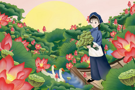 采莲女人夏日采莲插画