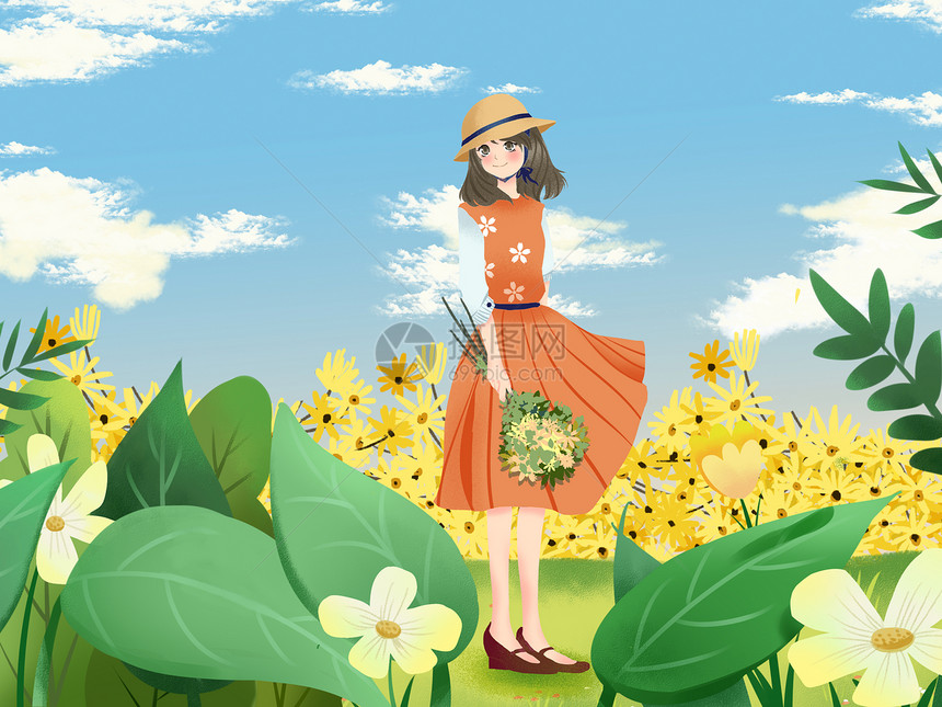 小清新风格插画在花丛中的女孩图片