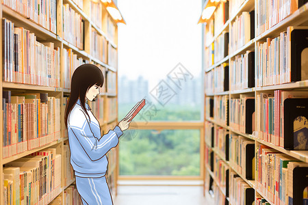 文化书店看书的女生插画