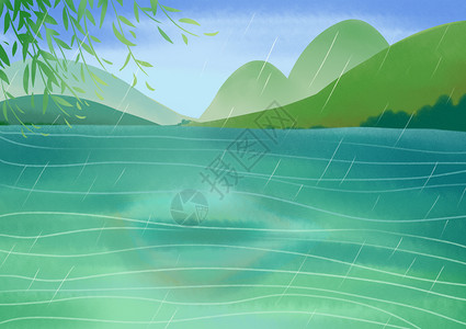 西湖插画西湖春雨设计图片