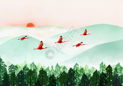 火烈鸟装饰画水彩风景背景图--火烈鸟插画