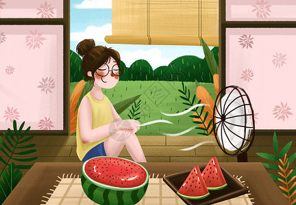 夏天夏季女孩吃西瓜节日夏至初夏大暑小清新插画背景图片