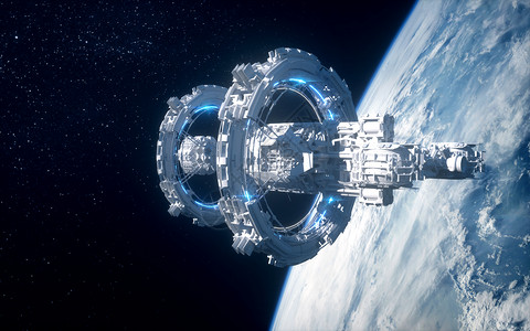 宇航员线条科技太空卫星空间站场景设计图片