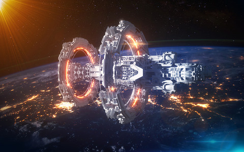 宇航员线条科技太空卫星空间站场景设计图片