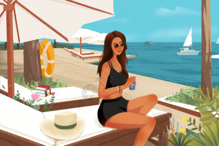 休闲女子喝饮料海边度假高清图片