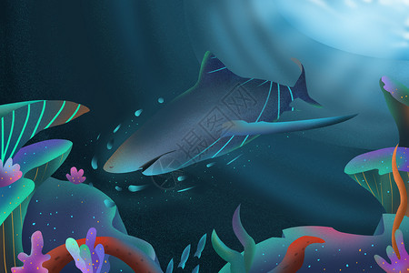 一群红色鱼海底世界鲨鱼插画