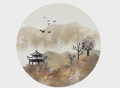 中国风山水画圆形山水图片