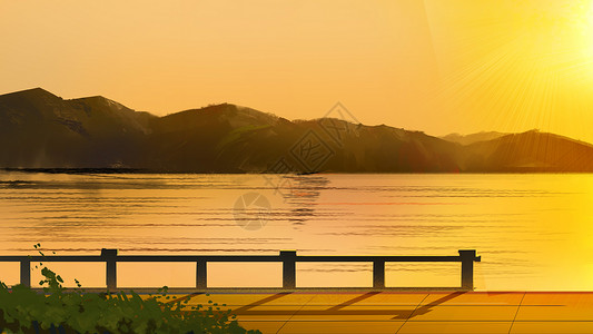 手绘落日夕阳湖畔设计图片