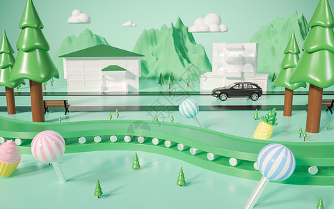 汽车店促销街道树林小场景设计图片