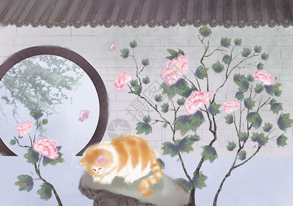 中国风门海棠花与猫插画