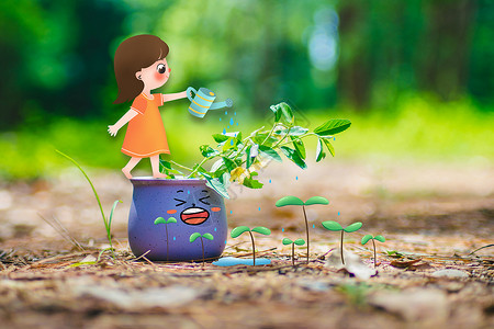 植树创意创意女孩浇水插画