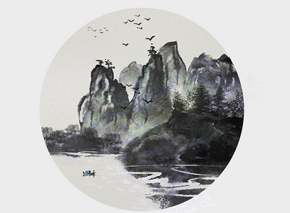 中国风圆形山水画插画