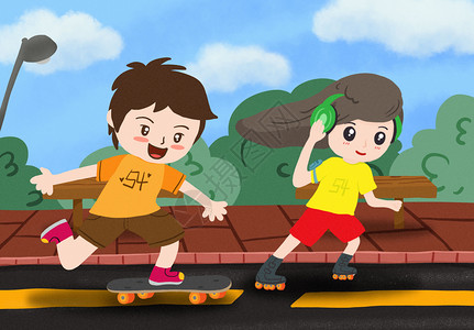 滑轮男孩可爱男女户外滑轮开心过青年节插画