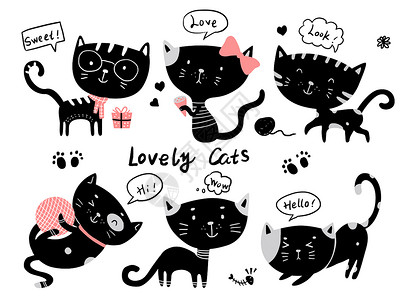 黑色欧式可爱猫咪插画