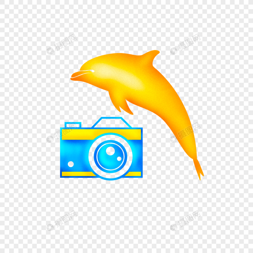 海边照相机相机海豚噪点卡通扁平手绘插画透明png图片