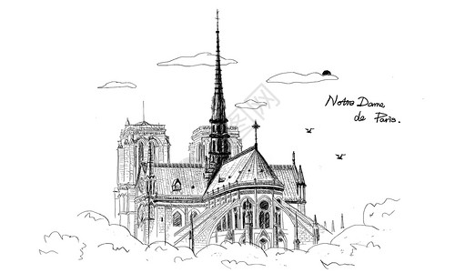 巴黎法国手绘法国巴黎圣母院风格图插画