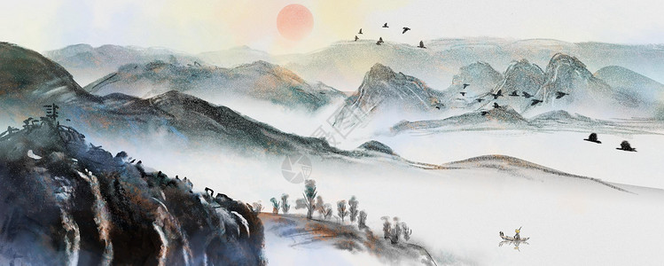 谷雨节气摄影图海报中国风山水画插画
