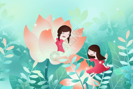 粉色梦幻花朵花朵里玩乐的小女孩.gif高清图片
