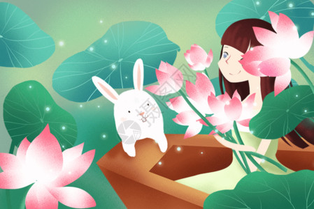 莲花与兔子唯美夏天插画gif高清图片