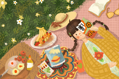 桌子上零食春游野餐的女孩插画