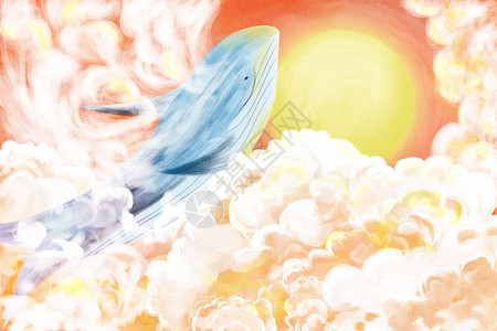 蓝色爆炸云天空鲸鱼插画