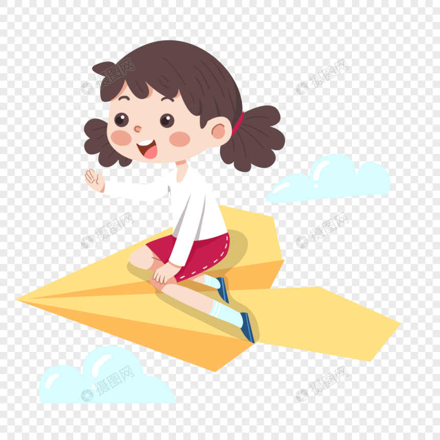 坐着黄色纸飞机的红裙子小女孩图片