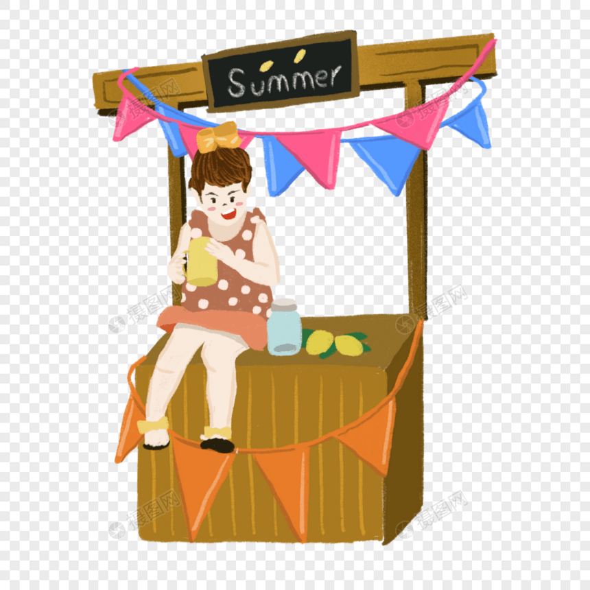 小女孩在柜台上开心快乐彩旗裙子插画元素图片