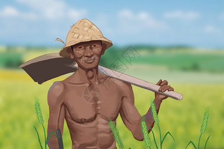 扛着锄头的男人卡通劳动者 戴着草帽黝黑皮肤扛着铲子的农民插画