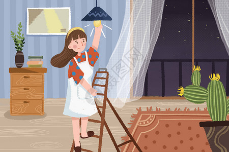 做家务的妇女五一在家修灯泡插画