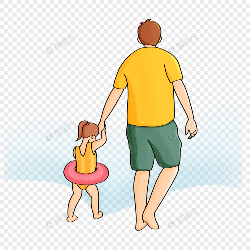 手绘海边爸爸牵着女儿人物形象图片