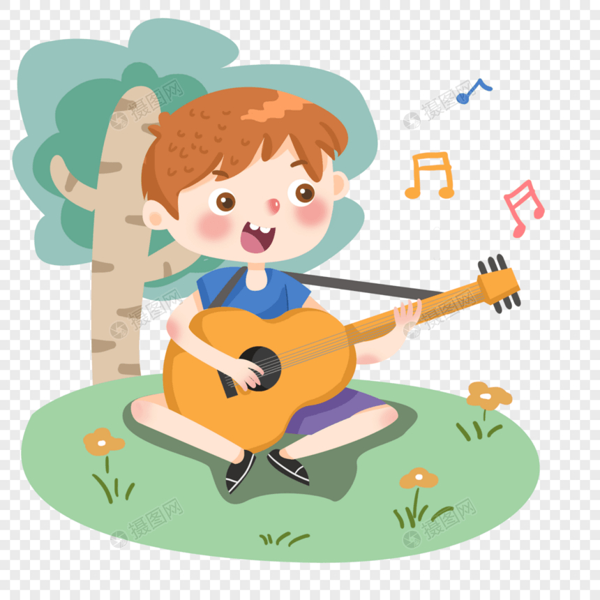 在树下弹吉他的可爱小男孩图片