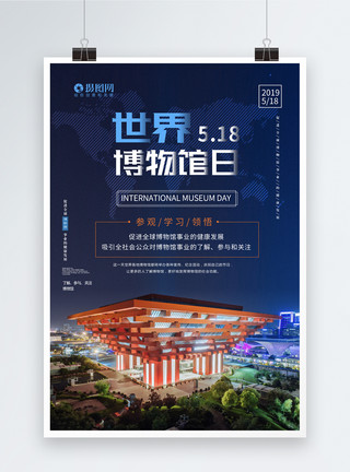 上海参观蓝色夜景世界博物馆日海报模板