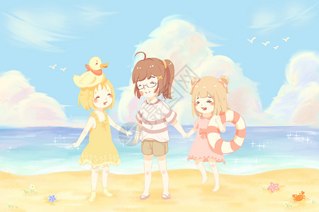 玩海夏天要一起去海边玩鸭插画