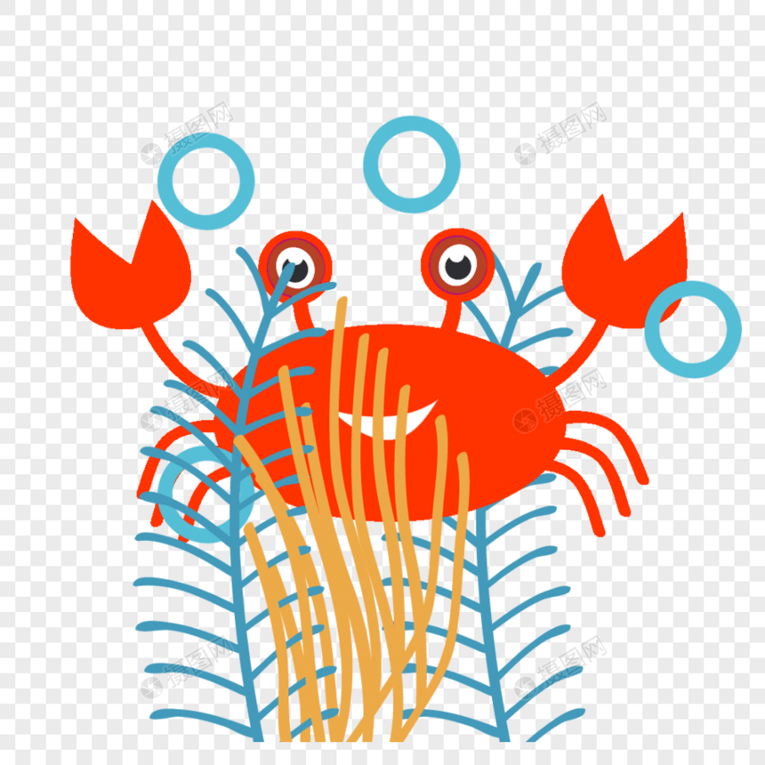 手绘红色螃蟹和海草图片