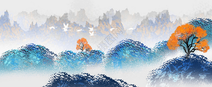 中式风格海报中国风山水画插画